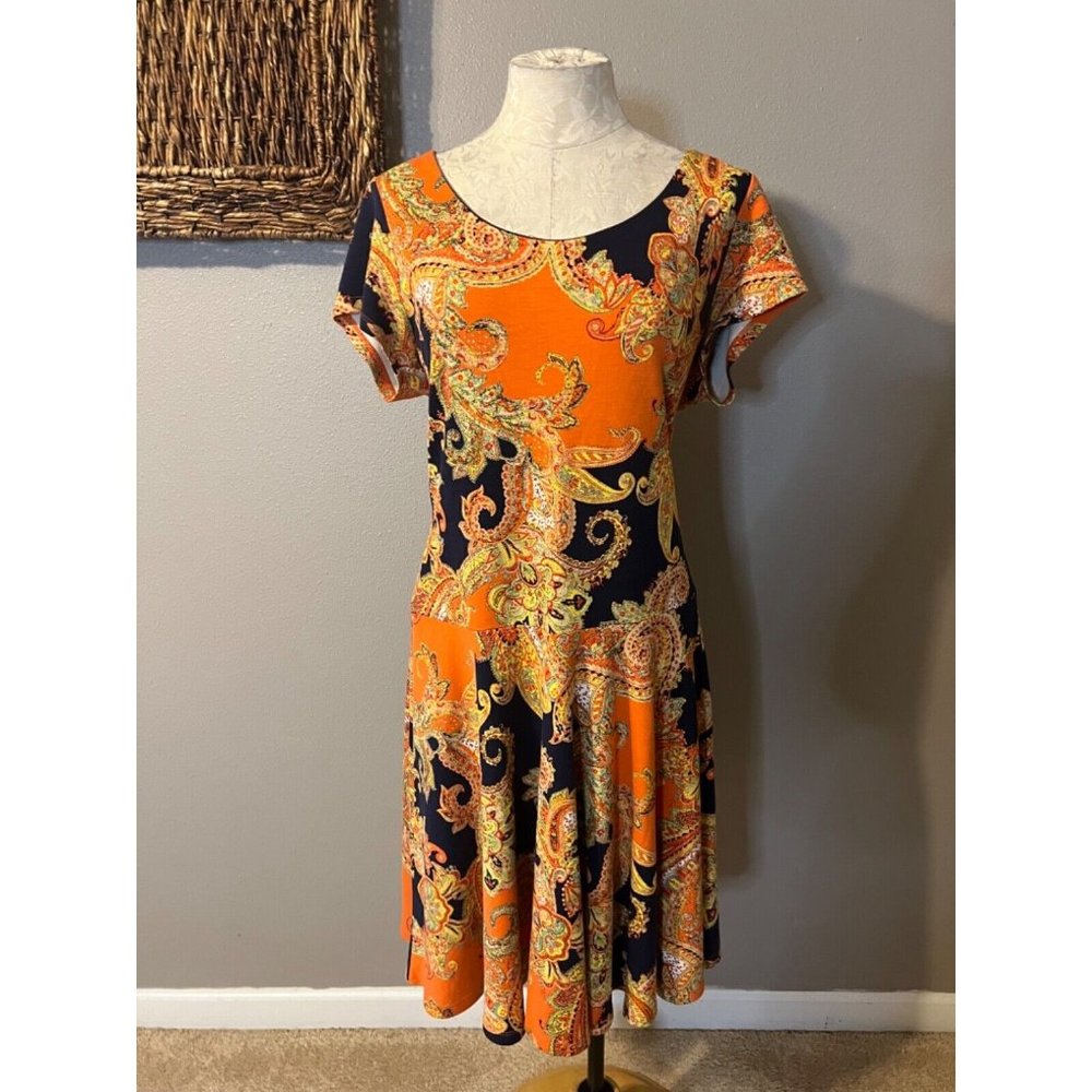 Ralph Lauren Midi Dress XL Extra Large A Line Paisley Short Sleeve Washable - Picture 4 of 11